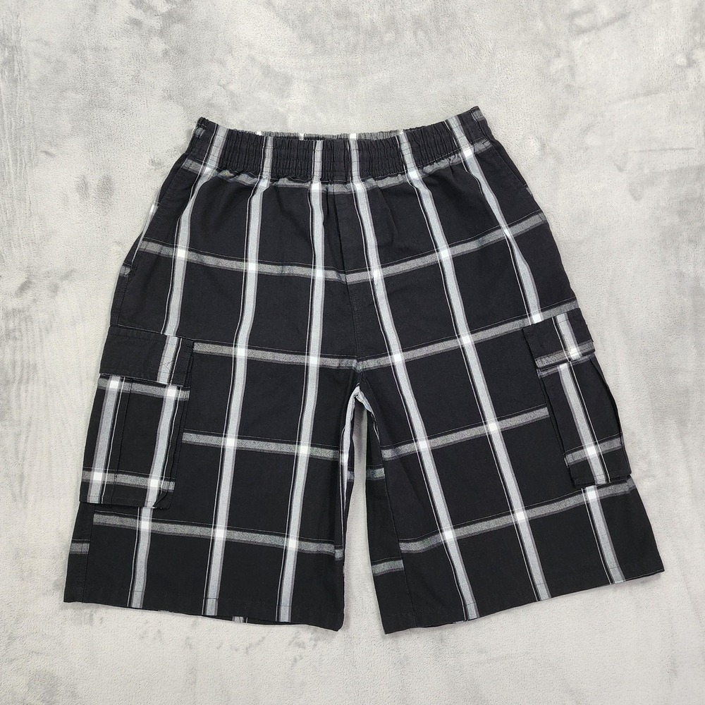 Vintage Shaka Wear Shorts Mens XL Black Plaid Cargo Pull On Drawstring Baggy